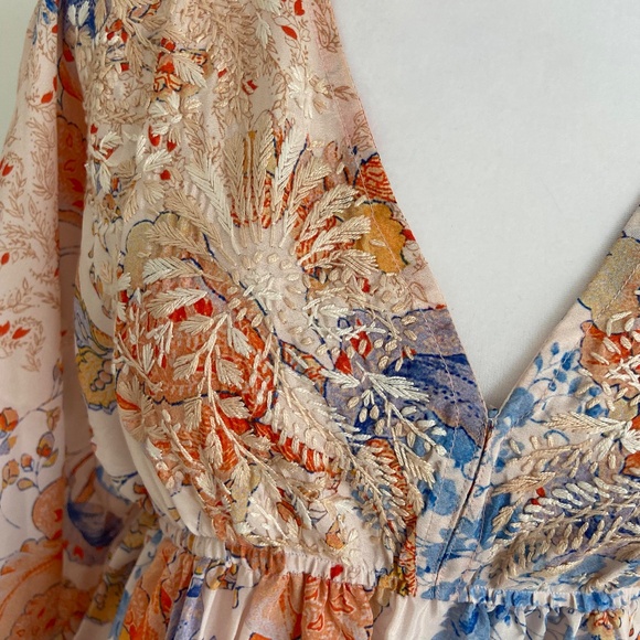 NWOT KARYN SEO HAND EMBROIDERED SILK BLEND MIDI DRESS KIMONO EMPIRE WAIST BOHO - Picture 2 of 15